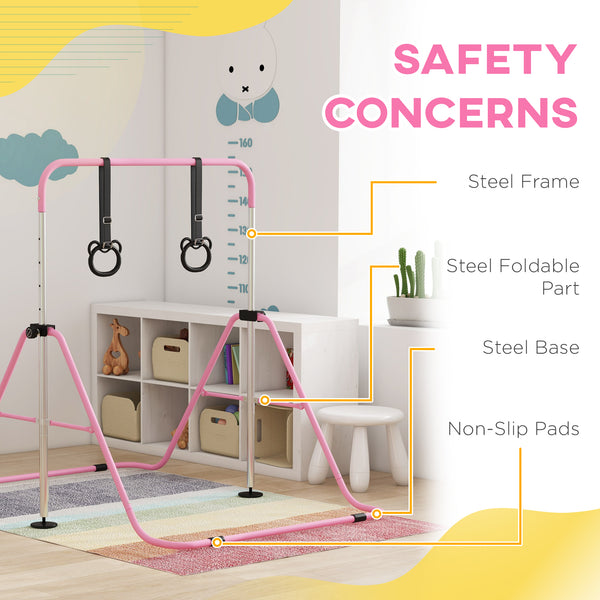 Foldable and height-adjustable gymnastics bar with rings, pink