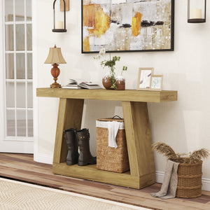 Table console style ferme à 2 niveaux avec rangement, couleur chêne