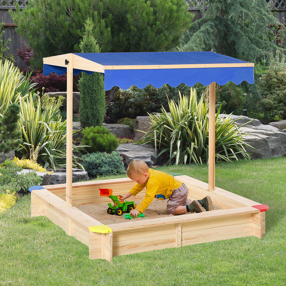 Kids Wooden Sandbox with Cover, Play Sand Station for Children Outdoor Sand box, with Seats, for Backyard, Beach, 47" x 47" x 47", Natural
