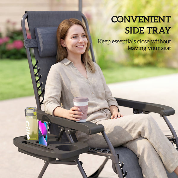 Set of 2 foldable and reclinable outdoor lounge chairs with cup holder and headrest, dark grey