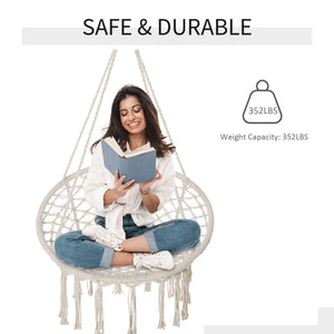 Hanging rope hammock with backrest, cream white