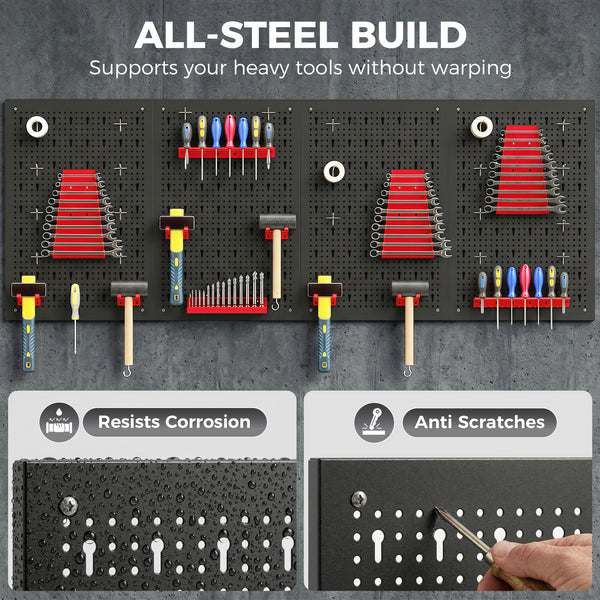 Steel wall tool organizer with 4 panels, 12 holders and 22 hooks – Black and red