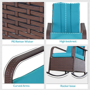 Synthetic rattan rocking chair with cushion, adjustable footrest and armrests, turquoise