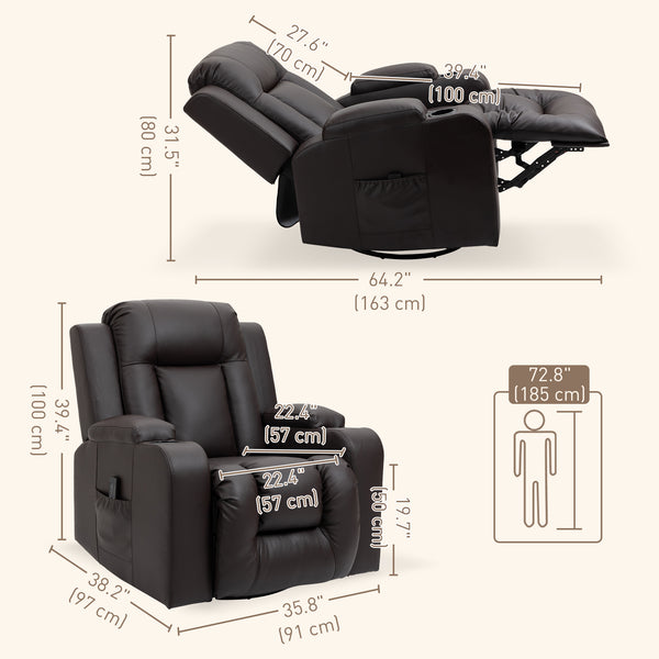 360° Swivel Leather Recliner Chair with Vibration and Cup Holders, Brown
