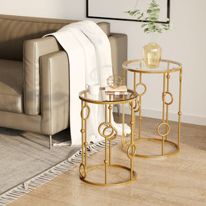 Set of 2 round gold coffee tables with tempered glass top