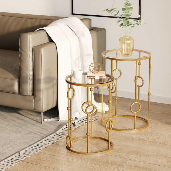 Set of 2 round gold coffee tables with tempered glass top
