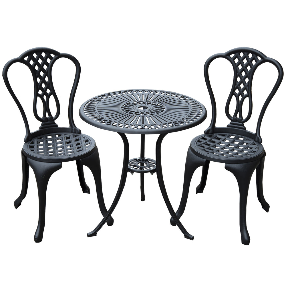 3 Pieces Antique Outdoor Bistro Set Cast Aluminum Patio Table and Chairs with Umbrella Hole, Black