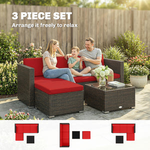 3 Piece Patio Furniture Set with Cushions, Outdoor PE Rattan Wicker Conversation Corner Sofa Set with Glass Top Table