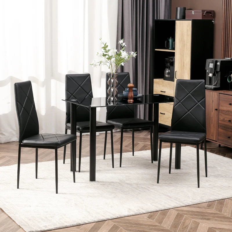 Table and chair set for 4 people, glass table, padded seat and steel frame