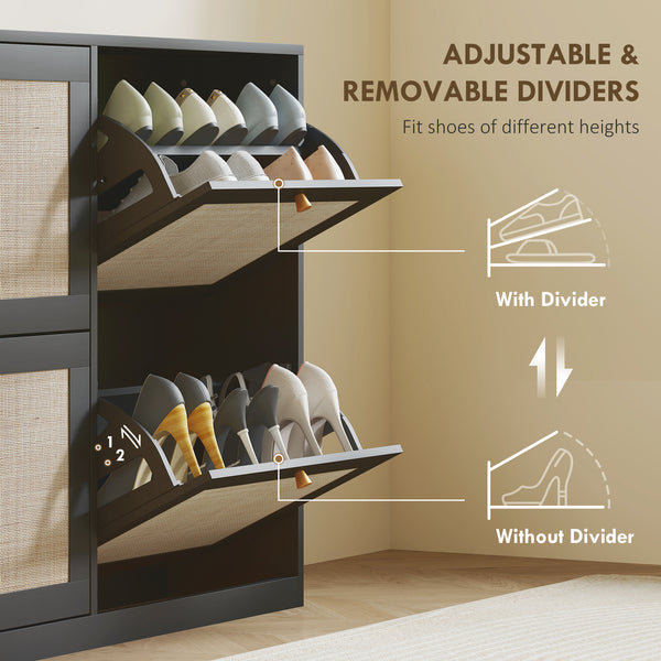 Rattan shoe cabinet with 4 drop-down drawers and adjustable shelves for 20 pairs, black