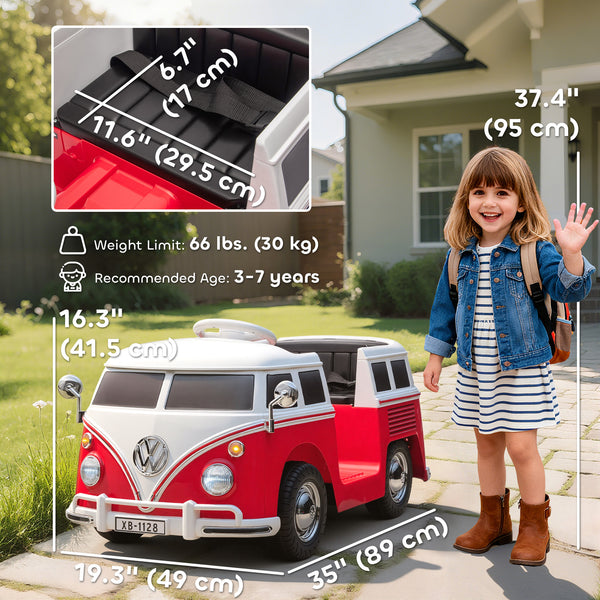 12V electric car, licensed Volkswagen T1, with dual motor and soft start, for ages 3-7, red.