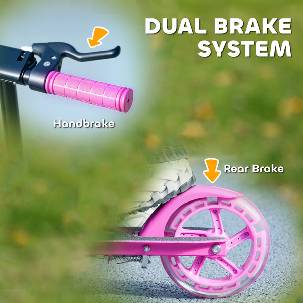 Scooter with light-up wheels, adjustable handlebars, rear brake and handbrake, pink