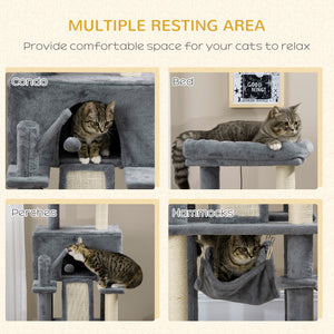 55" Cat Tree with Bed, Ramp, Hammock, Hanging Toys, Sisal Rope Scratching Post, Grey