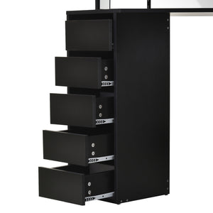 Corner dressing table with 5 drawers and open shelves, 3-piece mirror, black