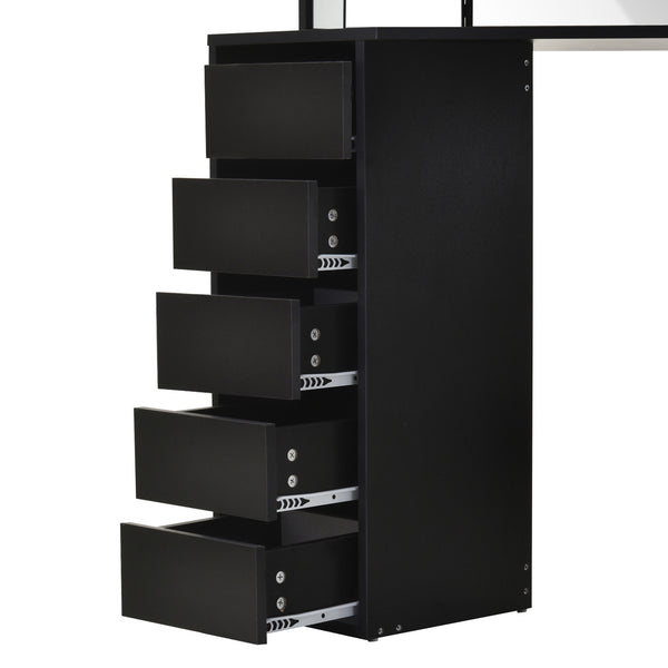 Corner dressing table with 5 drawers and open shelves, 3-piece mirror, black