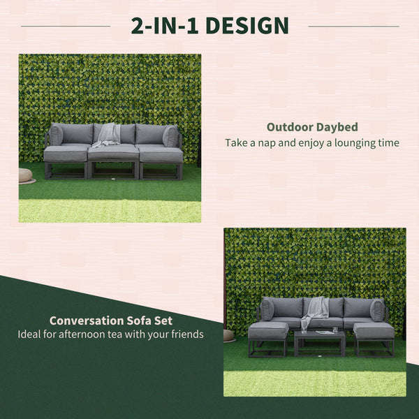 6 Pieces Patio Furniture Set, Space-Saving Sectional Outdoor Daybed with Aluminum Frame and Thickened Cushions, Grey