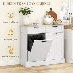 Tilt-out trash can cabinet with 2 drawers, white