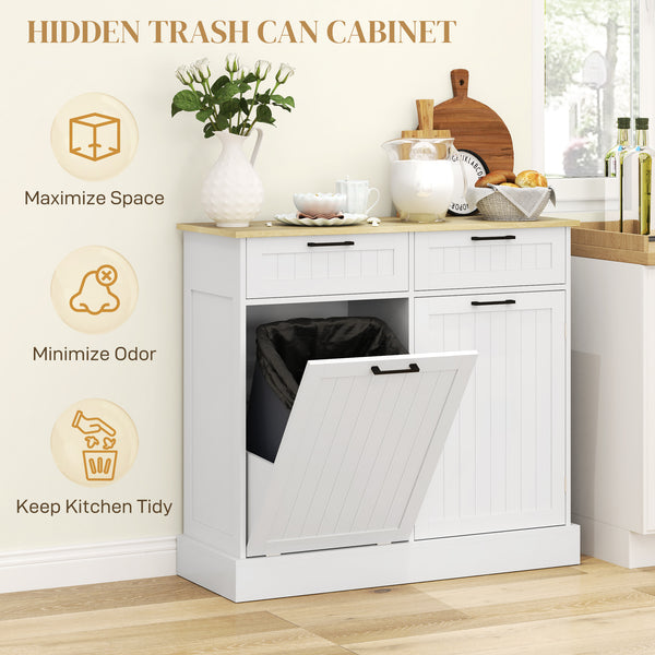 Tilt-out trash can cabinet with 2 drawers, white