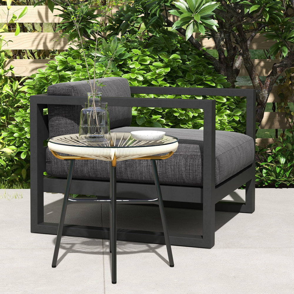Rattan Side Table, Round Outdoor Table, with Round PE Rattan and Tempered Glass Table Top for Patio, Garden, Cream White