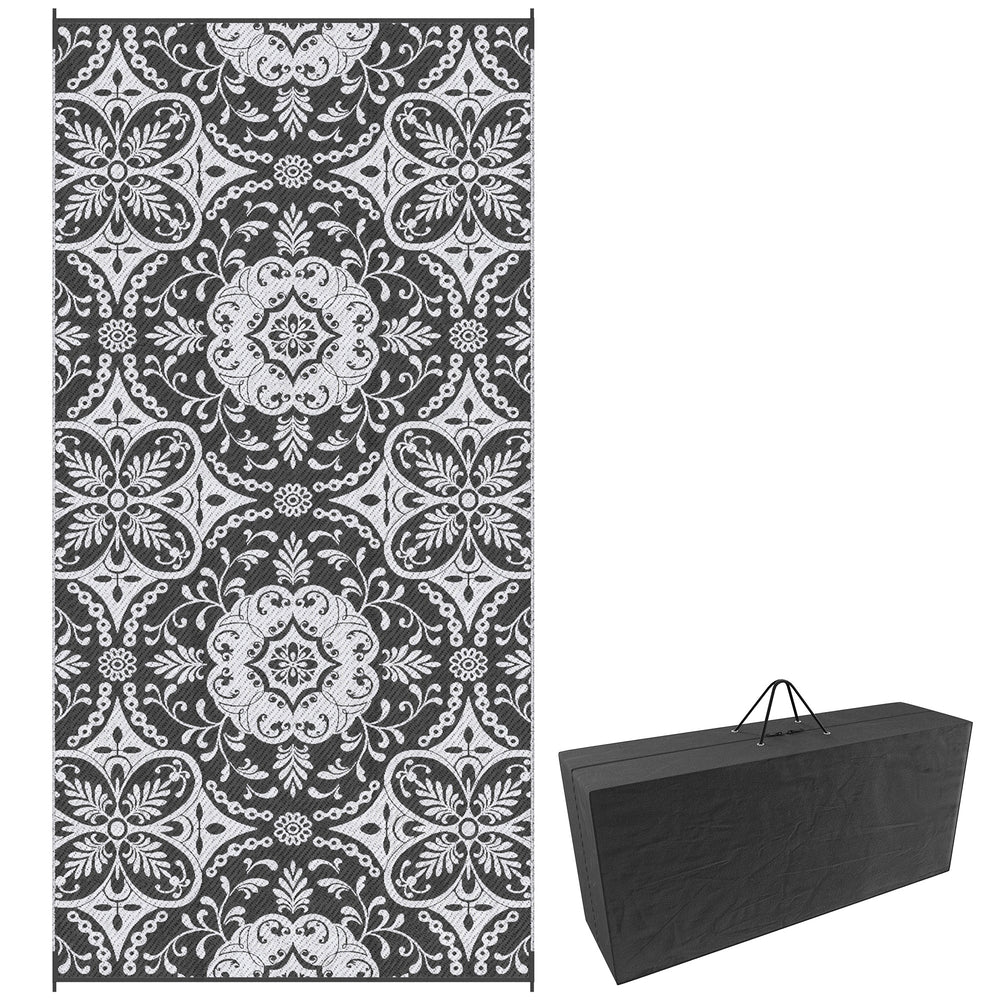 Portable outdoor mat with carrying bag, reversible, grey and white floral pattern