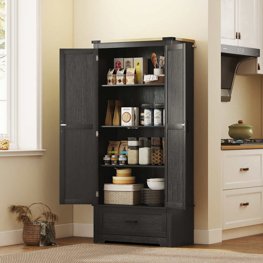 Farmhouse style kitchen cabinet with 2 doors, one drawer and adjustable shelves, black and brown