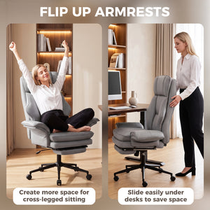 Ergonomic office chair with footrest, flip-up armrests, and 135° reclining backrest, gray