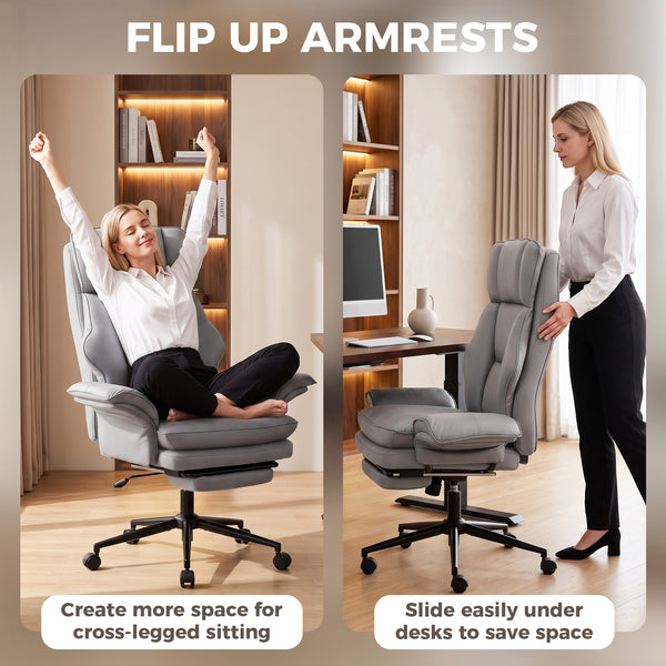 Ergonomic office chair with footrest, flip-up armrests, and 135° reclining backrest, gray