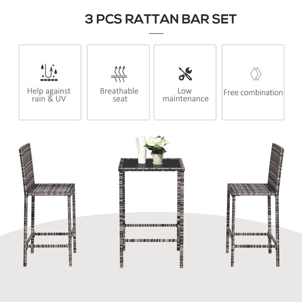 3-piece garden bar set in woven rattan, grey