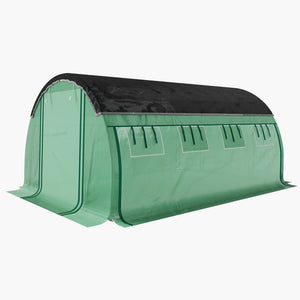 Heated tunnel greenhouse with shade netting, roll-up mesh side panels, green