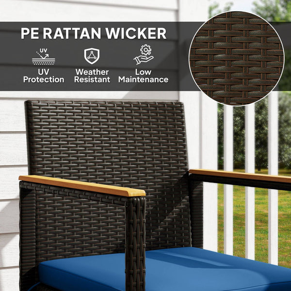 Rattan bistro set with acacia wood table and removable cushions, dark blue