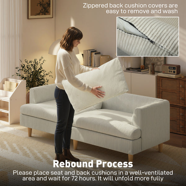 Three-seater sofa upholstered in modern corduroy, thick spring cushions, solid wood legs and armrests, beige