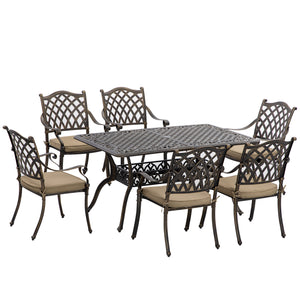 7 Piece Cast Iron Garden Dining Set with 6 Upholstered Chairs and Rectangular Dining Table, Khaki