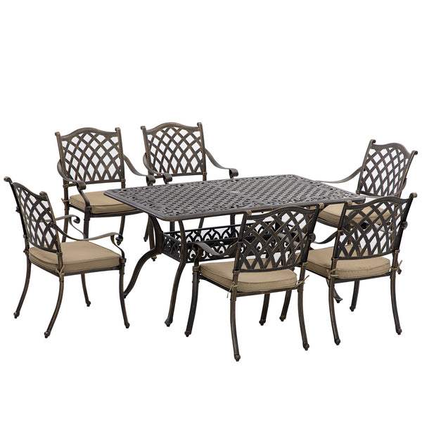 7 Piece Cast Iron Garden Dining Set with 6 Upholstered Chairs and Rectangular Dining Table, Khaki