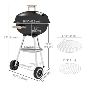 Portable Charcoal BBQ Grill, Steel Outdoor Camp Picnic Cooker with Lid, Air Vents, Wheels and Storage Shelf, Black