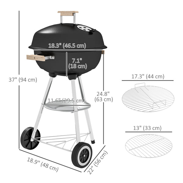 Portable Charcoal BBQ Grill, Steel Outdoor Camp Picnic Cooker with Lid, Air Vents, Wheels and Storage Shelf, Black