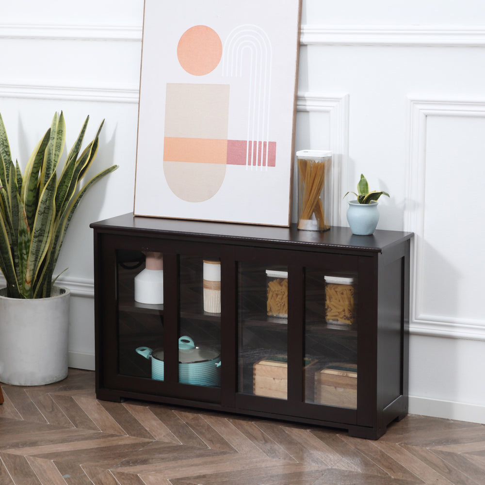 Modern kitchen buffet with stackable storage, sliding glass door, coffee