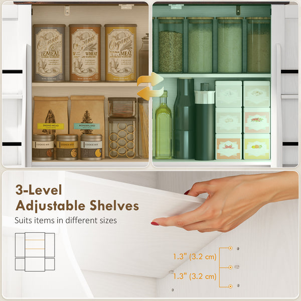 53.5-inch storage cabinet with adjustable shelves, 6 doors and spice racks for dining room, white