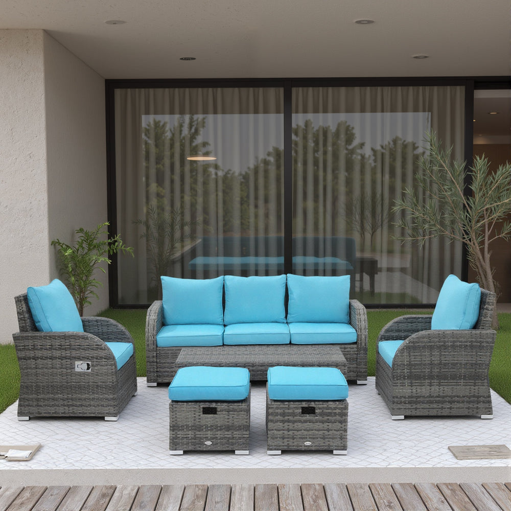 6 Pieces Patio Furniture Set, Conversation Set Wicker Sectional Set Cushioned Outdoor Rattan 3-Seat Sofa, 2 Adjustable Recliners, 2 Footstools & Table Set for Lawn Garden Backyard, Sky Blue