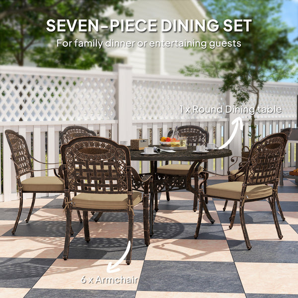 7 Piece Outdoor Dining Set for 6, Aluminum Patio Table and Chairs with Umbrella Hole and Cushions, Bronze