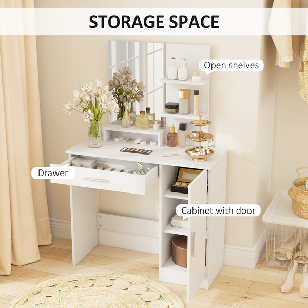 Dressing table with mirror, makeup cabinet with drawer, adjustable shelves