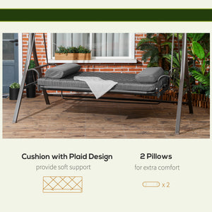 3 Person Porch Swing Bench with Adjustable Canopy, Cushions, Pillows for Porch and Backyard, Dark Grey