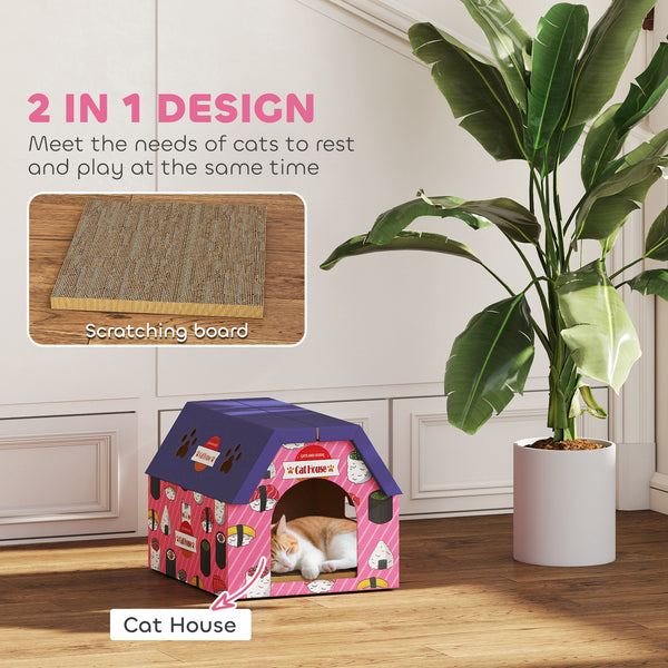 Cat house with scratching post, pink