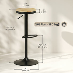 Set of 2 wooden bar stools, swivel and height-adjustable, natural wood and black.