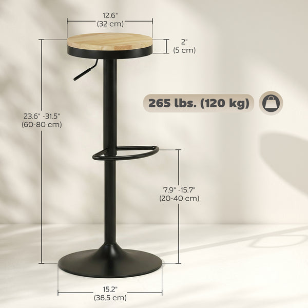 Set of 2 wooden bar stools, swivel and height-adjustable, natural wood and black.