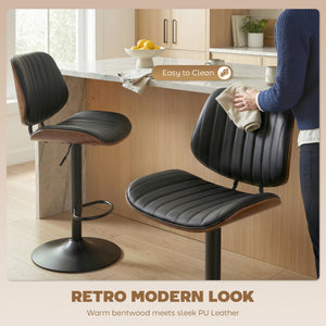 Set of 2 bar stools, swivel, with backrest, adjustable height, black