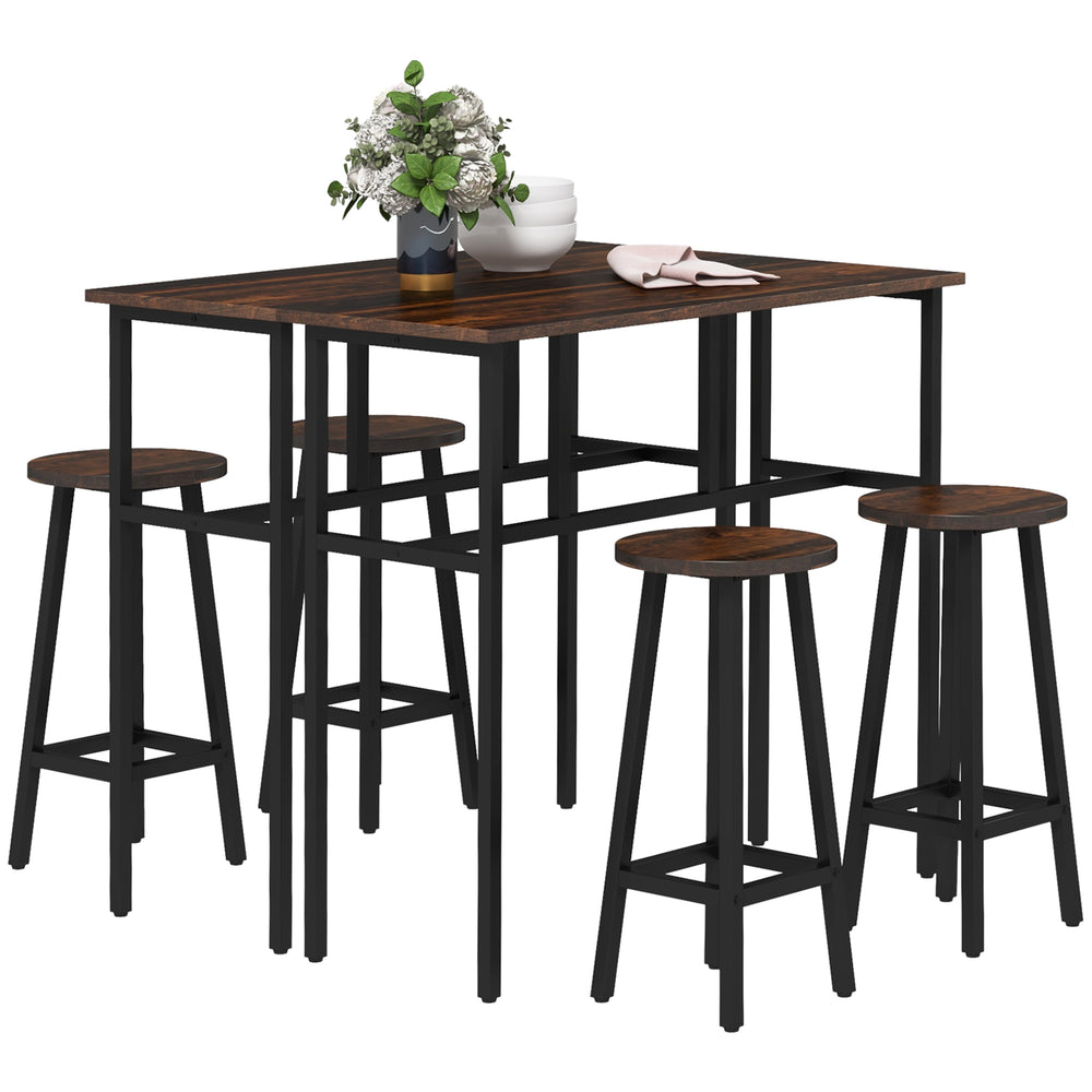 Bar set for 4 people, 2 breakfast tables and 4 stools, rustic brown.