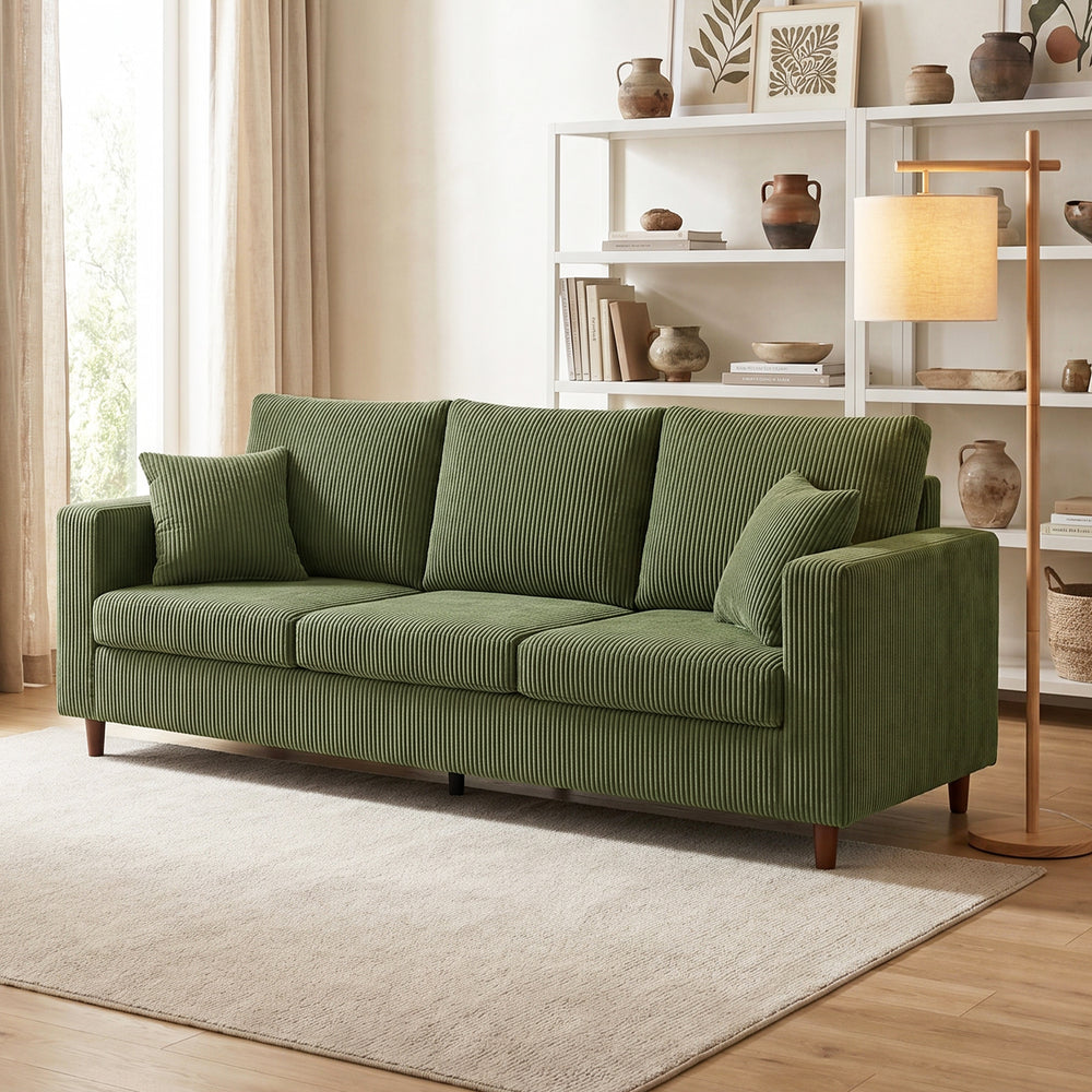 3-seater sofa with wide corduroy seat and deep seat, spring cushions, green