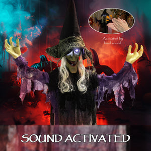Life-size animated hanging witch for Halloween with light-up LED eyes,