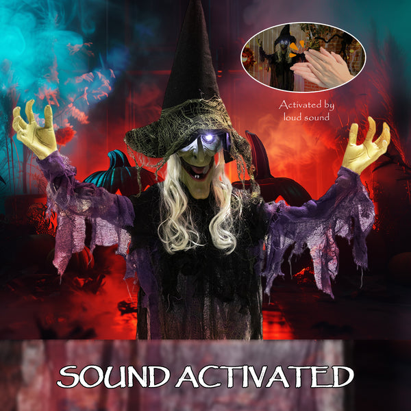 Life-size animated hanging witch for Halloween with light-up LED eyes,