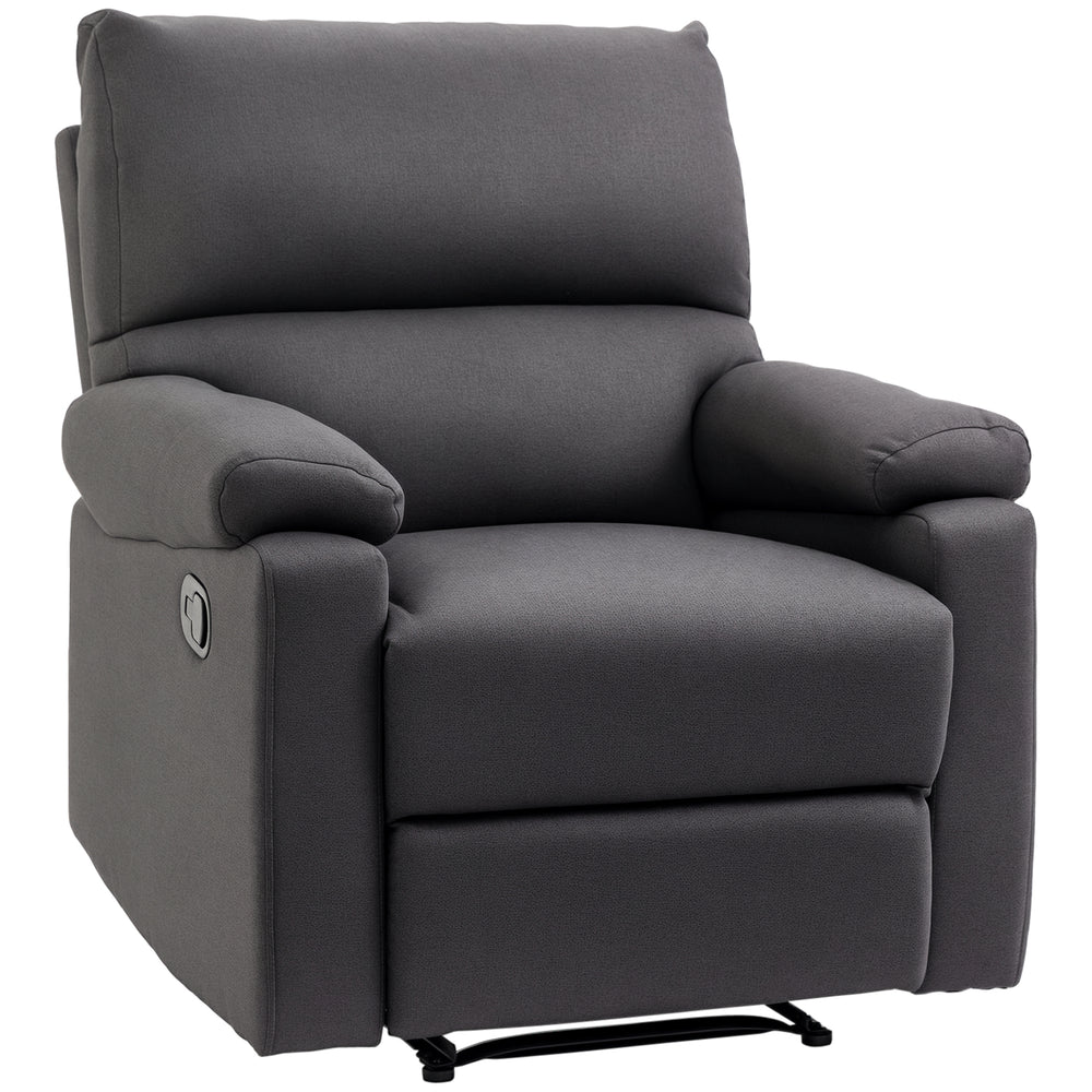 Manual recliner chair with footrest, upholstered seat, dark gray